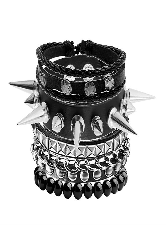 BATHRINS 4 Pcs Punk Rock Studded Bracelets for Men Women 80s Gothic Spike Leather Cuff Bracelet Set Emo Accessories - Image 1